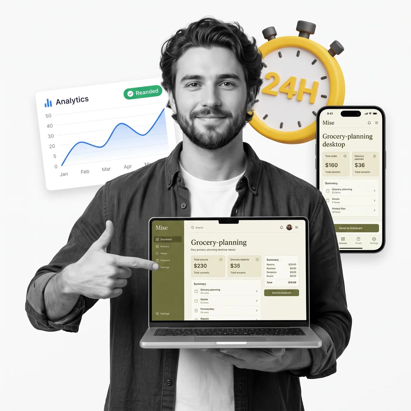 Founder pointing at a laptop showing a live product dashboard, with a 24H timer