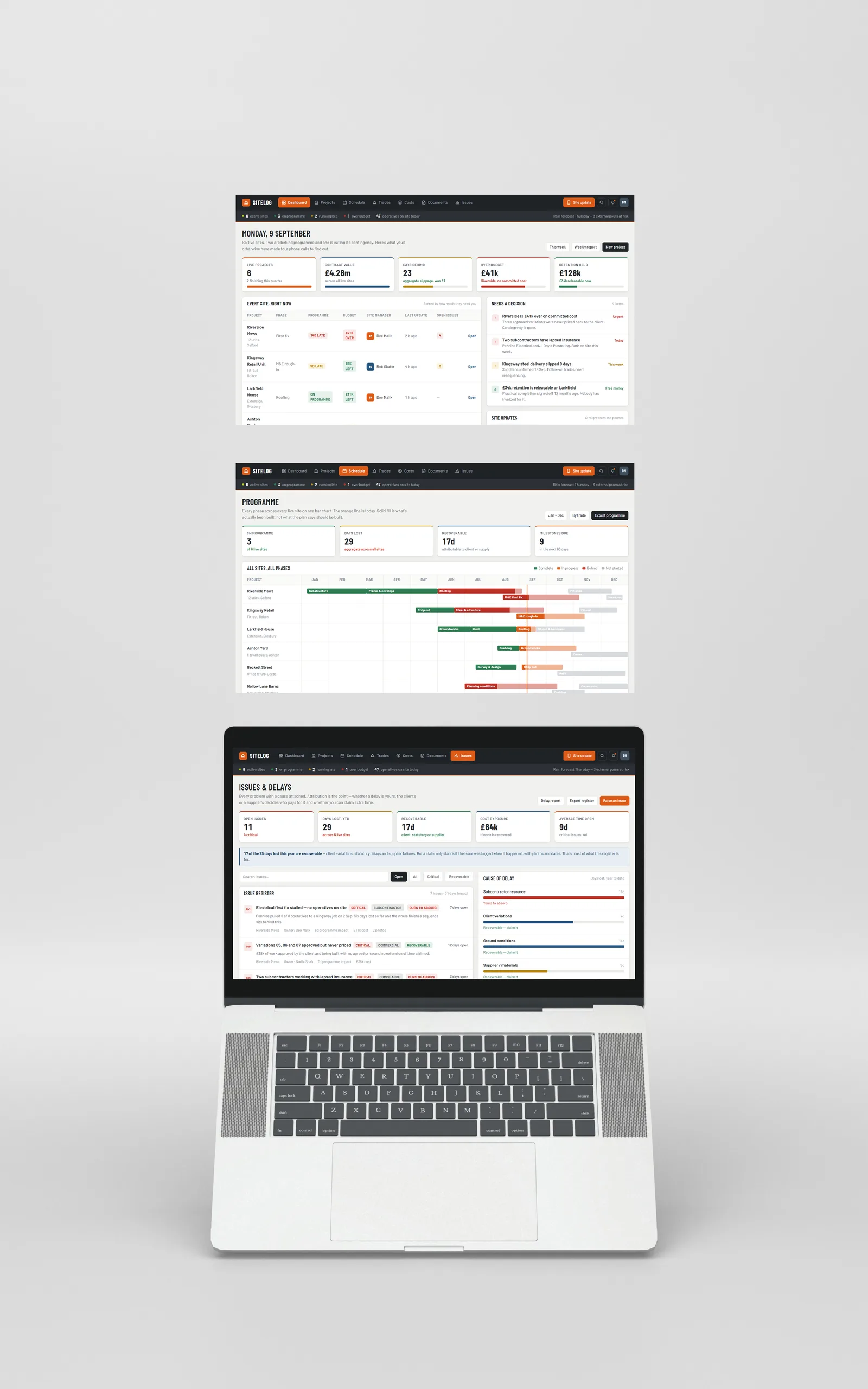 Sitelog product screens
